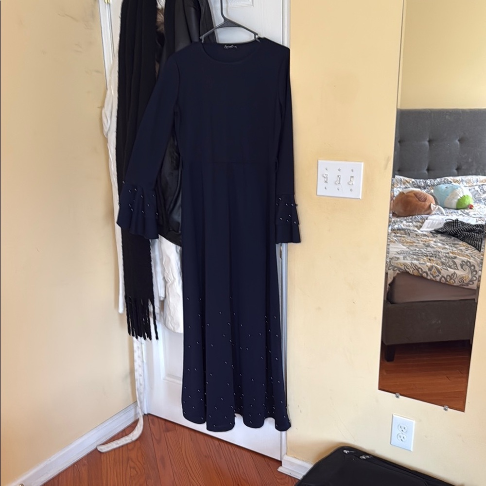 Elegant Navy Blue Dress with Pearl Accents